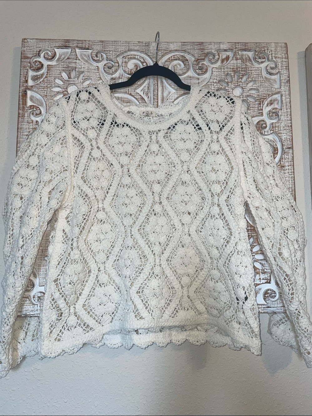 POL Cream Openwork Crochet Pullover